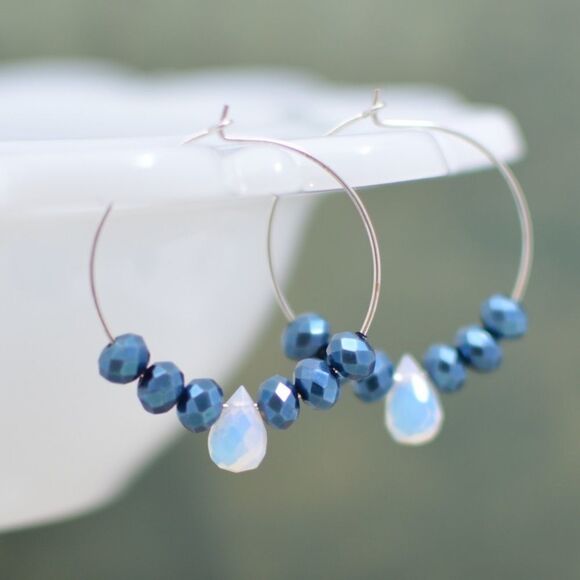 Silver Hoop Earrings with Sapphire Crystal Beads - Picture 1 of 1
